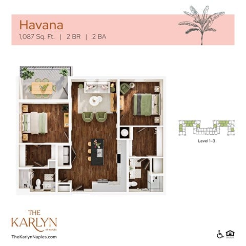 Floor plan for 2 beds, 2 baths, 1087 sqft